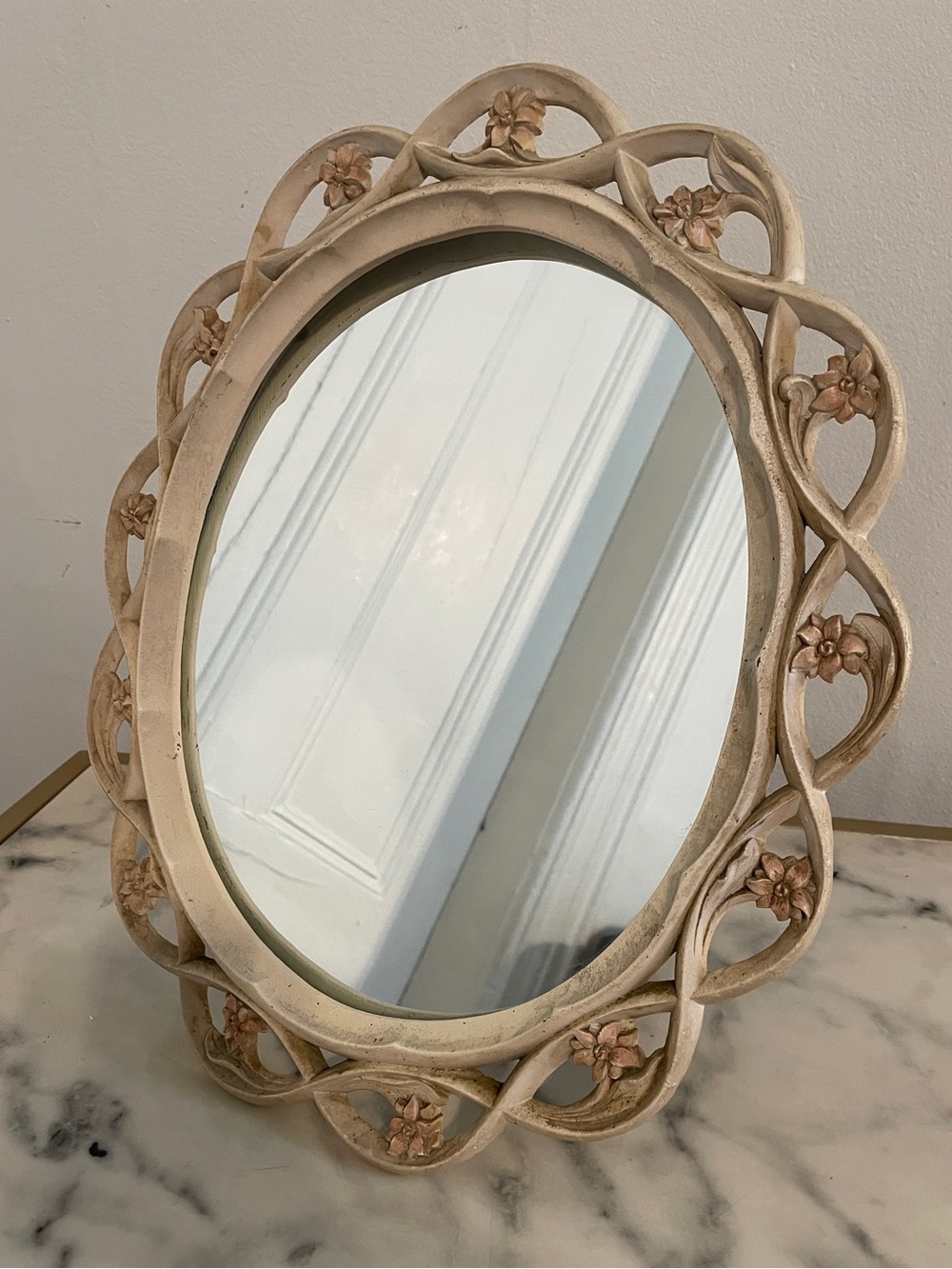 Syrocho Victorian Hand Carved Wood Vanity Mirror White Pink Flowers Oval 13"x15
